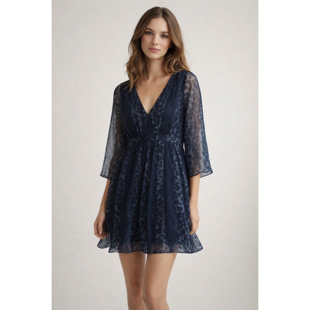 Line & Dot Silk Sheer Navy Animal‎ Print Babydoll Dress Chiffon Flowy S